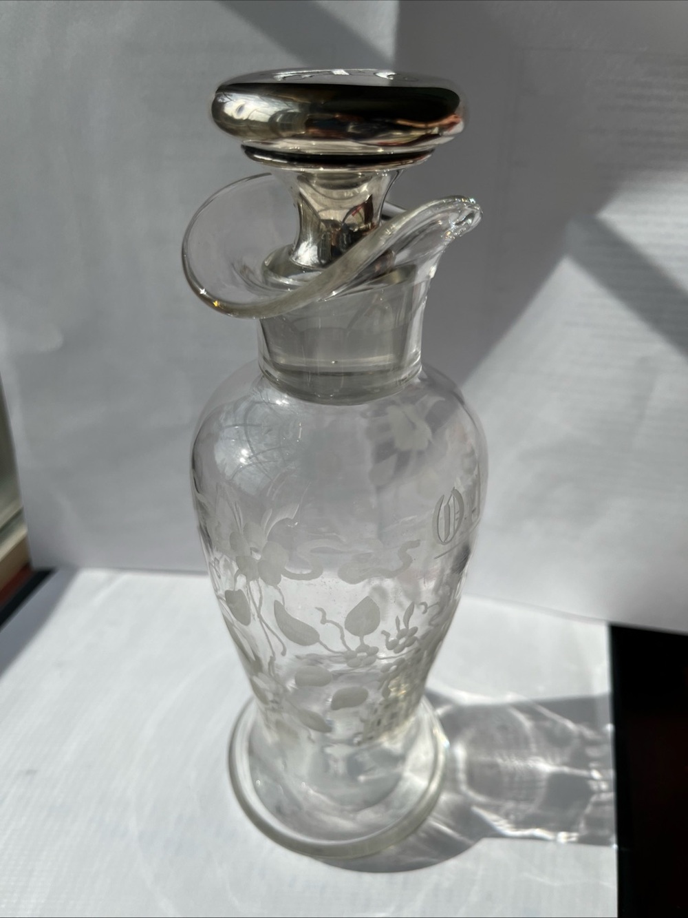Hawkes Antique Etched Glass Oil & Vinegar Cruet w/ Sterling Silver Stopper "A"